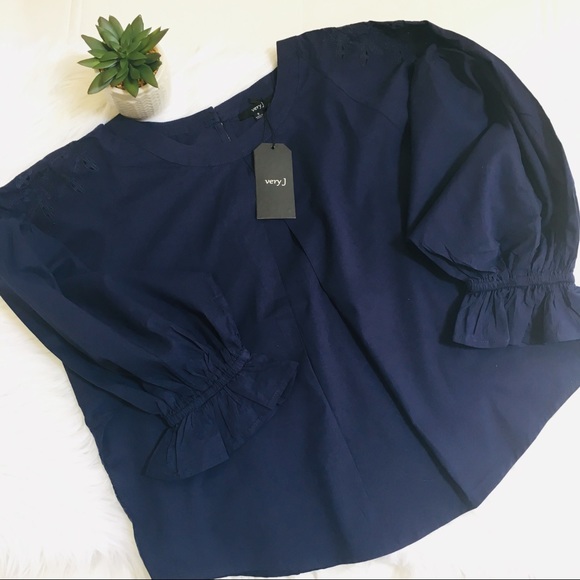 Navy Eyelet Peplum Bohemian Top Sz S & M - Picture 4 of 7